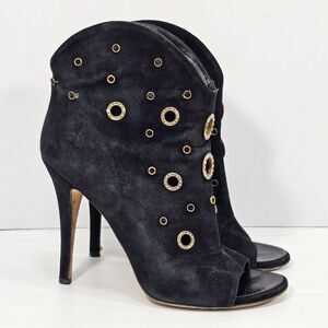 Giuseppe Zanotti Black Suede Crystal Eyelet Peep Toe Booties Size 39